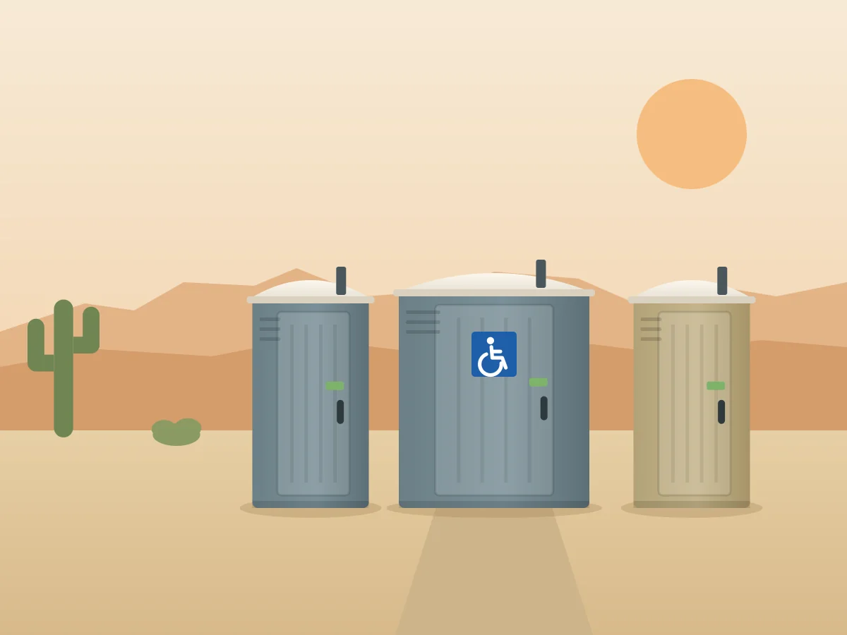 Illustration of an accessible portable restroom with the International Symbol of Accessibility beside two standard portable toilets