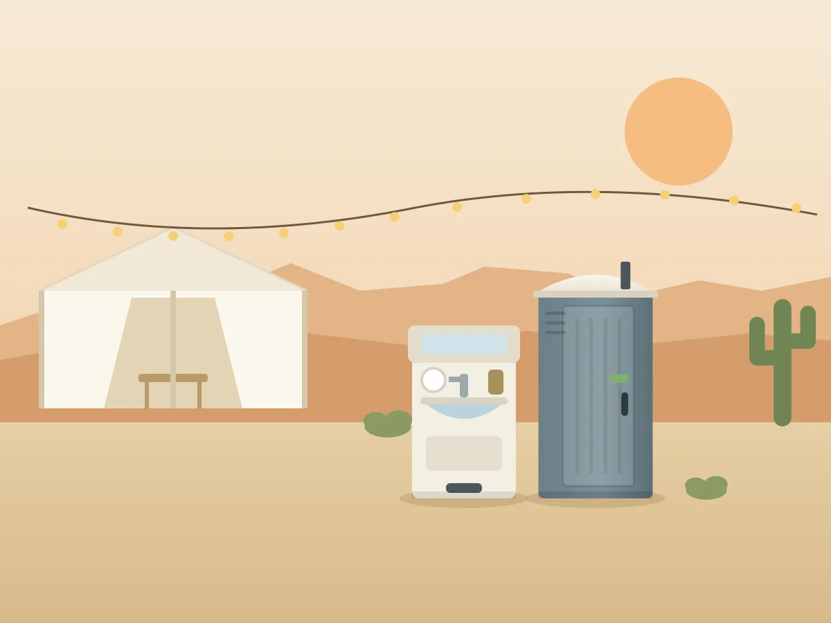 Illustration of a portable hand-washing station beside a portable toilet at an outdoor event