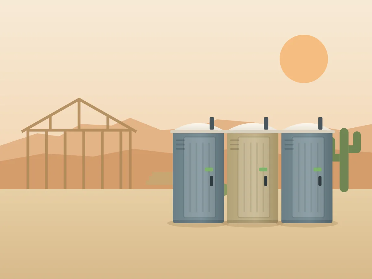 Illustration of three portable toilets on a desert job site